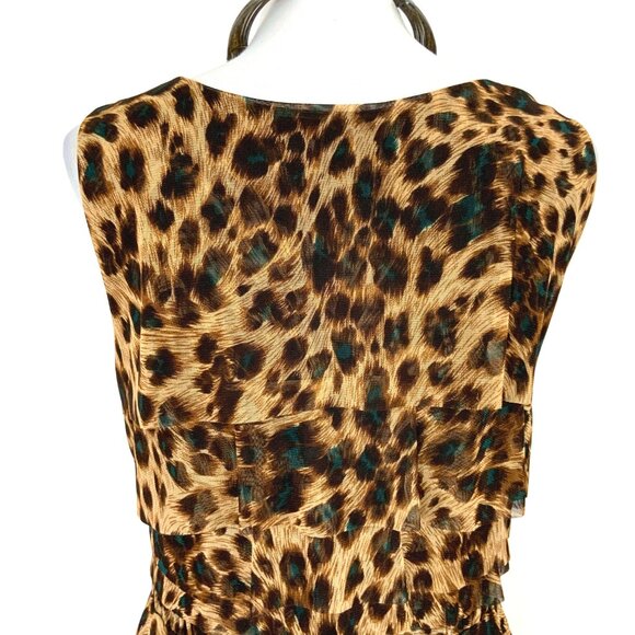 New Kay Unger Tiered Ruffle Mesh Leopard Pattern Sleeveless Dress Large - Picture 7 of 16
